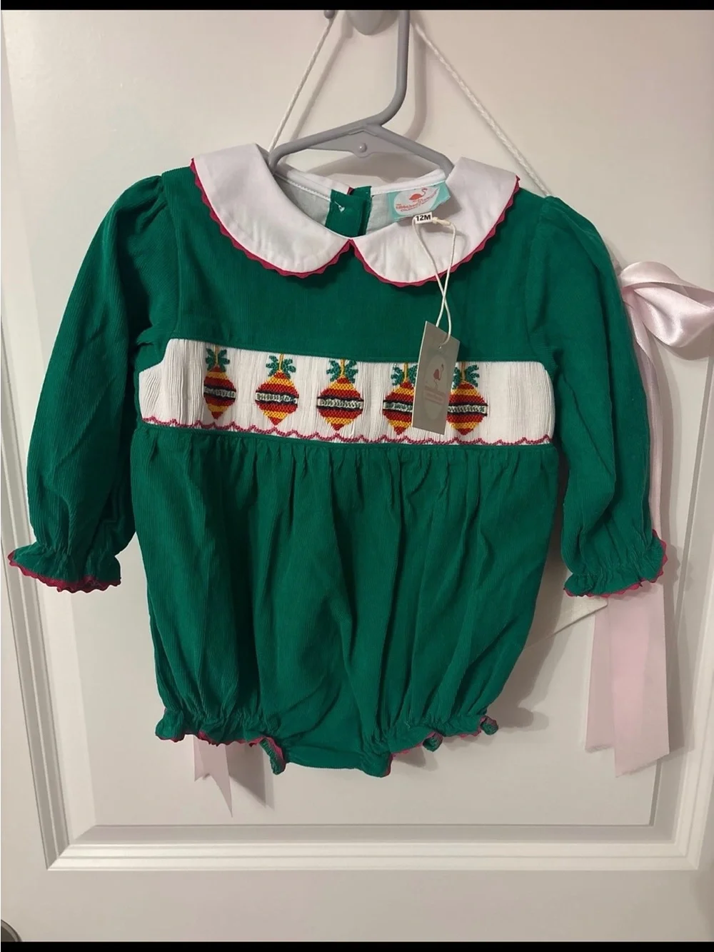 Green Smocked Bubble One-Piece with White Peter Pan Collar
